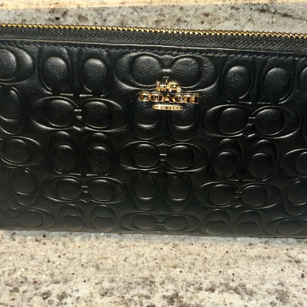 Coach Black Leather Signature Zip Around Wallet with Gold Accents